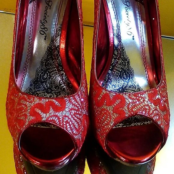 Hot Ruby Red Lace and Silver Bling High Heels - Picture 3 of 3